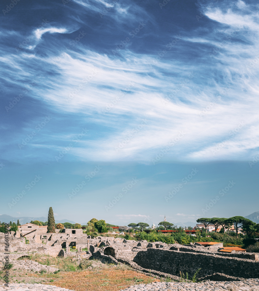 Pompeii, Italy. View Of Pompeii Archaeological Park In Sunny Day.