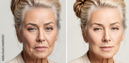 Woman face wrinkles before and after treatment photo