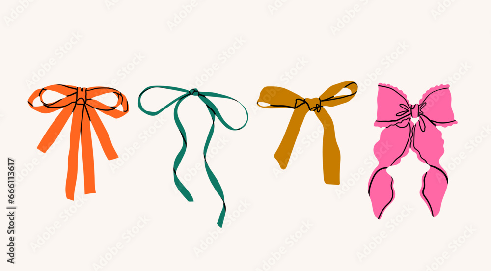Set of various Bow knots, tie ups, gift bows. Hand drawn Vector illustration. Isolated colorful design elements. Wedding celebration, holiday, party decoration, gift, present concept - obrazy, fototapety, plakaty 
