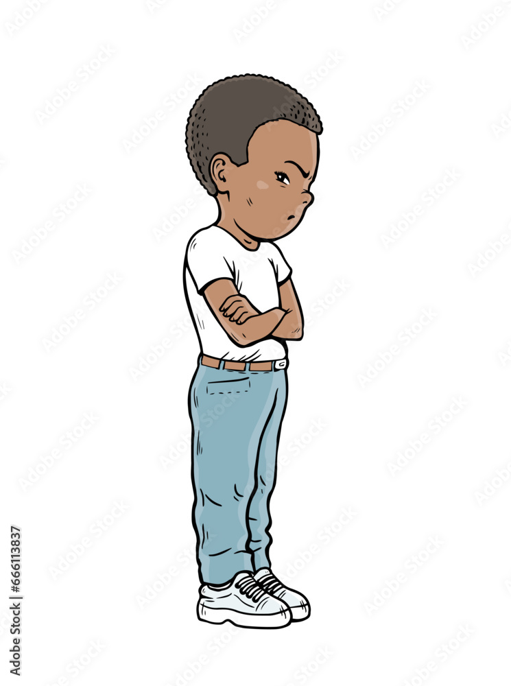 Offended little boy. Stubborn pose. Negative emotion. Dissatisfied child. Cartoon vector illustration isolated on white background. Hand drawn line Offended little boy. Stubborn pose. Negative emotion. Dissatisfied child. Cartoon vector illustration isolated on white background. Hand drawn line
