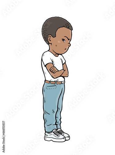 Offended little boy. Stubborn pose. Negative emotion. Dissatisfied child. Cartoon vector illustration isolated on white background. Hand drawn line