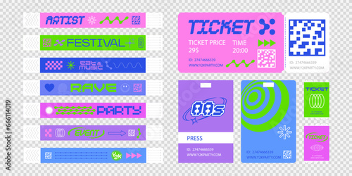 Event ticket for party. Bracelet control design for dances, music festivals. Sticky wristbands pass in Y2K style.