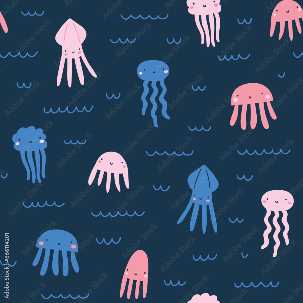 Cute octopus seamless pattern design in hand-drawn style. Baby sea animal fabric design. Underwater vector texture. Cute octopus seamless pattern design in hand-drawn style. Baby sea animal fabric design. Underwater vector texture.