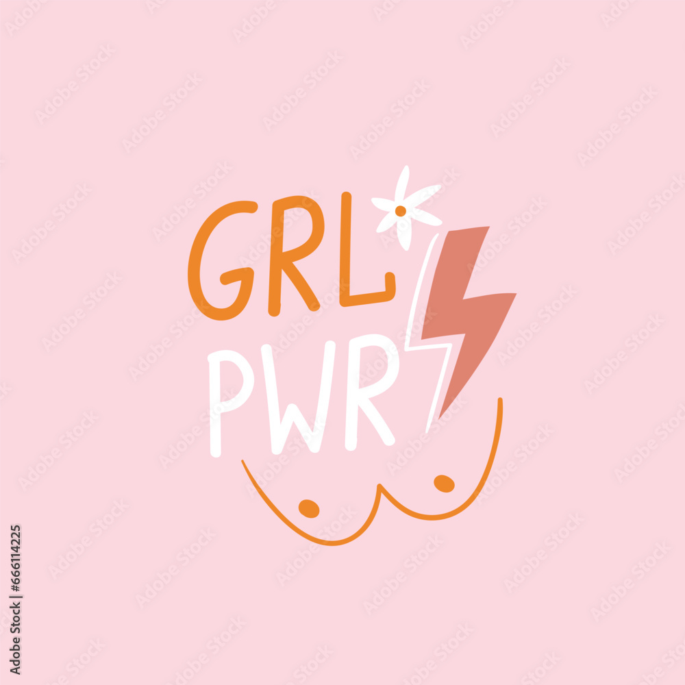 Woman isolated print design for t-shirt. Motivational feminism slogan - Girl power. Vector illustration. Female card design.