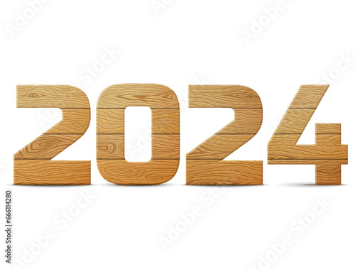 New Year 2024 of wood isolated on white background. Wooden planks in shape of year number. Design element for new years day, christmas, woodworking, winter holiday, new years eve, silvester, etc