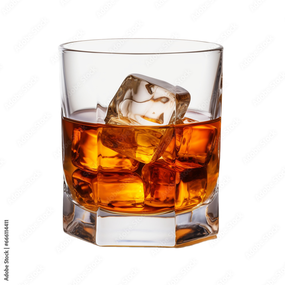 glass of rum with ice isolated on white background, ai generated