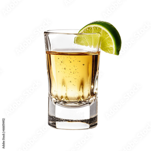 glass shot of tequila with lime isolated on white background, ai generated