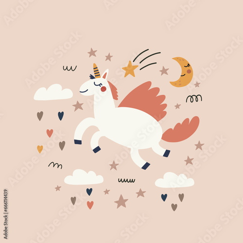 Vector card with cute unicorn. Hand drawn in kid style. The design used for print, wallpaper, fabric, textile Kids vector illustration