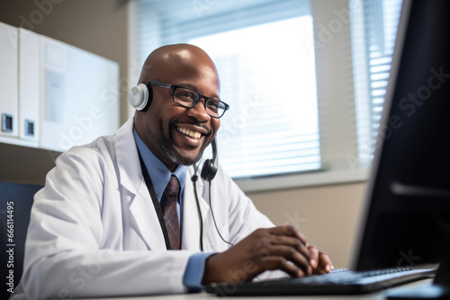 The doctor, a man, conducts professional consultations online