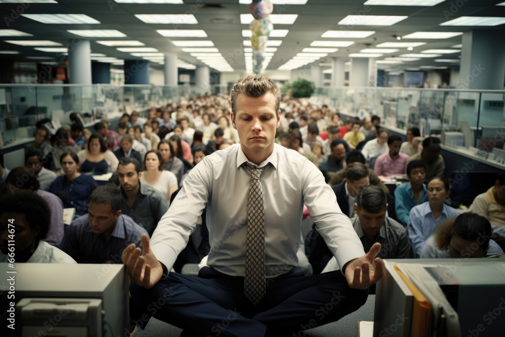 A businessman, dressed sharply, meditates in a lotus pose amidst office chaos, embracing mindfulness for mental well-being, combating stress - obrazy, fototapety, plakaty 