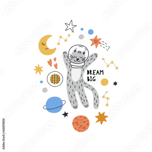 Kids space card. Creative nursery background. Ideal for kids design, fabric, packaging, wallpaper, textiles, clothing