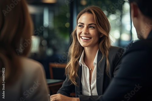 Joyful businesswoman engaging in conversation with her colleague during a meeting.