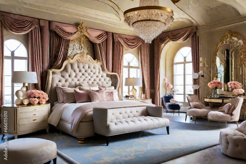 a luxurious bedroom retreat fit for royalty, complete with opulent furnishings, extravagant textiles, and a color palette that exudes sophistication.