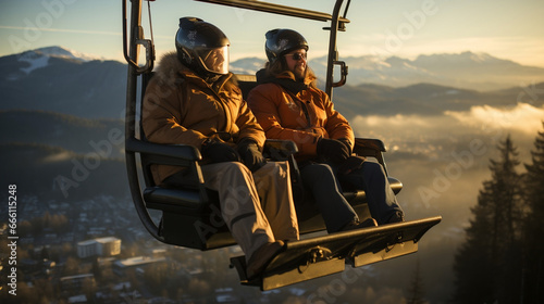 A couple on a chairlift on the mountains in winter. Ski lift, ski resort, ski slope. Snowboarders on a chairlift. photo