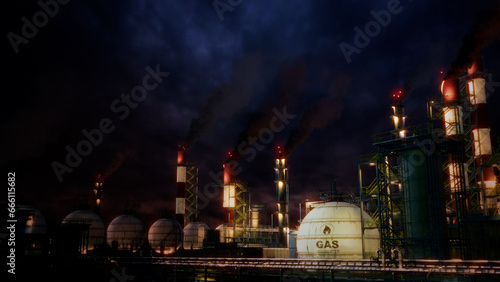 clear gas or gasoline electrical power station with storages at night, not real design - industrial 3D illustration
