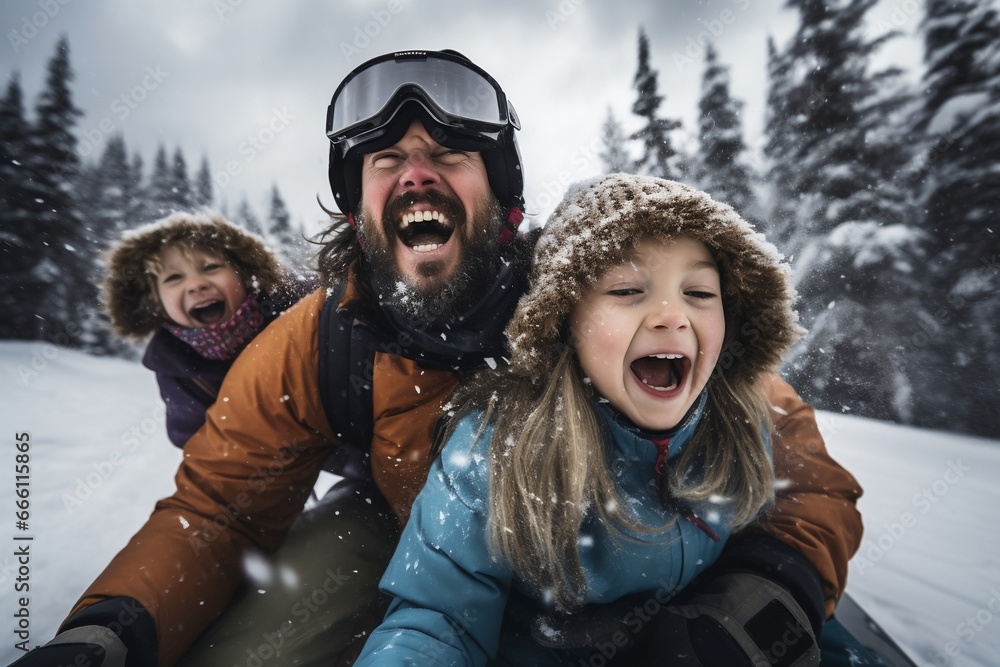 Parent and child playing in snow. A happy family playing and having fun in the snow, snow sledding on a hill in winter. Winter sports and activities with children. Active winter lifestyle outdoors. Parent and child playing in snow. A happy family playing and having fun in the snow, snow sledding on a hill in winter. Winter sports and activities with children. Active winter lifestyle outdoors.