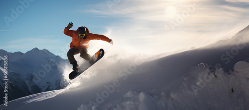 Snowboarder doing a trick on the mountain. Winter sport snowboarding. Banner with copy space.