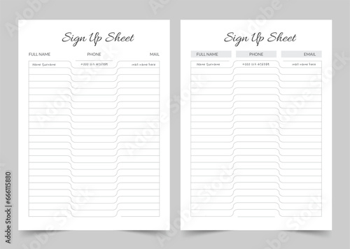 Sign Up Sheet Planner Template, Modern Planner Template Set, Vector Planner