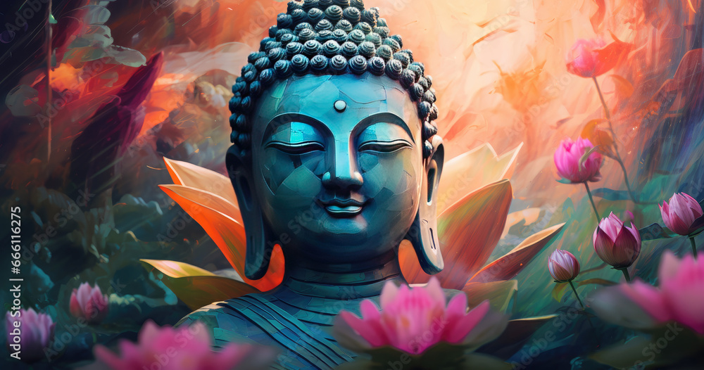 astract glowing buddha statue decorated with flowers