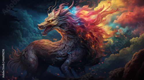 Legendary Qilin Creature  Kirin Of Chinese Mythology Reimagined  Ethereal Chinese Creature With Colored Cosmos And Universe. Celestial Qilin Concept. Generative AI 