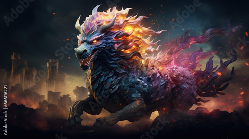 Legendary Qilin Creature, Kirin Of Chinese Mythology Reimagined, Ethereal Chinese Creature With Colored Cosmos And Universe. Celestial Qilin Concept. Generative AI 