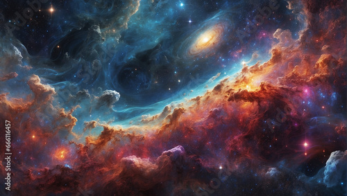 Abstract backdrop reminiscent of cosmic wonders, with swirling galaxies and radiant stars.