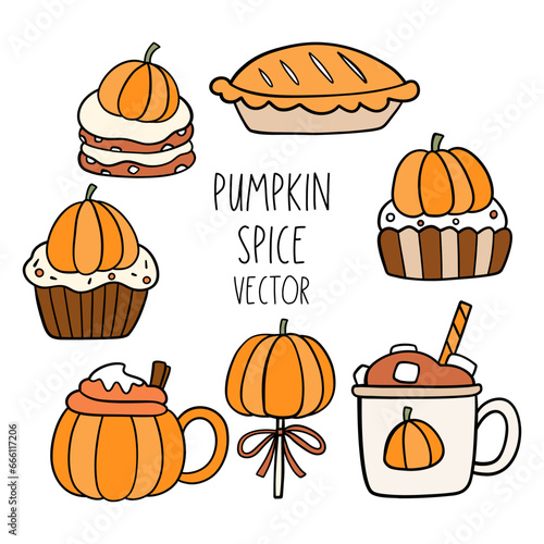 Draw vector illustration collection cute pumpkin spice For fall and autumn Doodle cartoon style