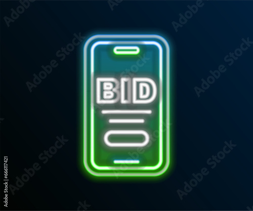 Glowing neon line Online auction icon isolated on black background. Bid sign. Auction bidding. Sale and buyers. Colorful outline concept. Vector