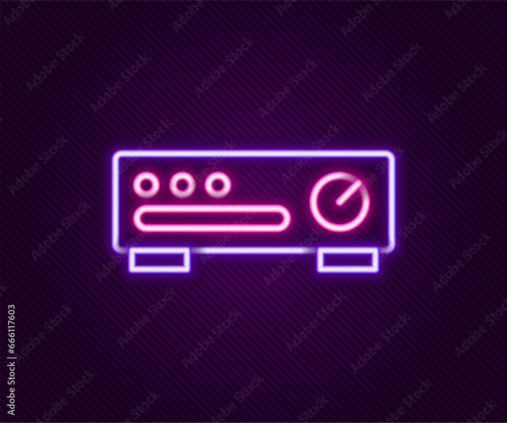 Glowing neon line Sound mixer controller icon isolated on black background. Dj equipment slider buttons. Mixing console. Colorful outline concept. Vector Glowing neon line Sound mixer controller icon isolated on black background. Dj equipment slider buttons. Mixing console. Colorful outline concept. Vector