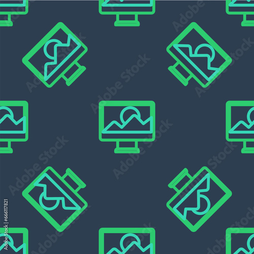 Line Photo retouching icon isolated seamless pattern on blue background. Photographer, photography, retouch icon. Vector