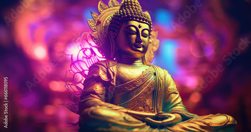 astract glowing buddha statue decorated with flowers