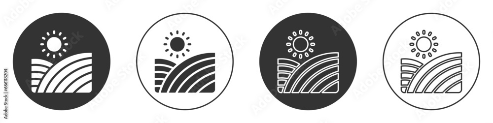 Black Vineyard wine grapes hills farm icon isolated on white background. Vine plantation hills landscape. Circle button. Vector Black Vineyard wine grapes hills farm icon isolated on white background. Vine plantation hills landscape. Circle button. Vector