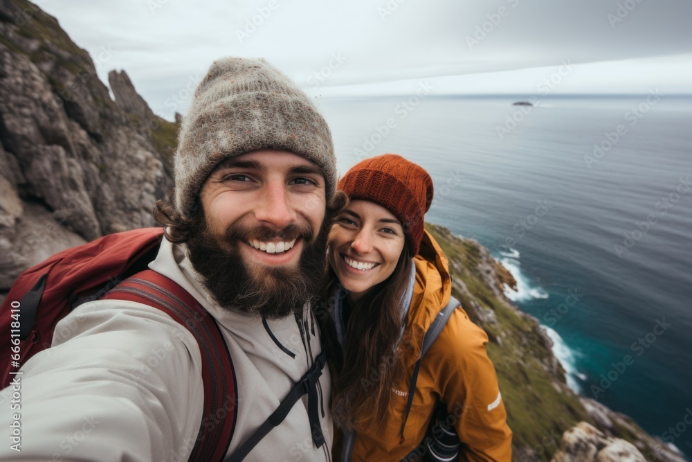 Youthful Couple traveler selfie. Summer adventure. Fictional person. Generate Ai