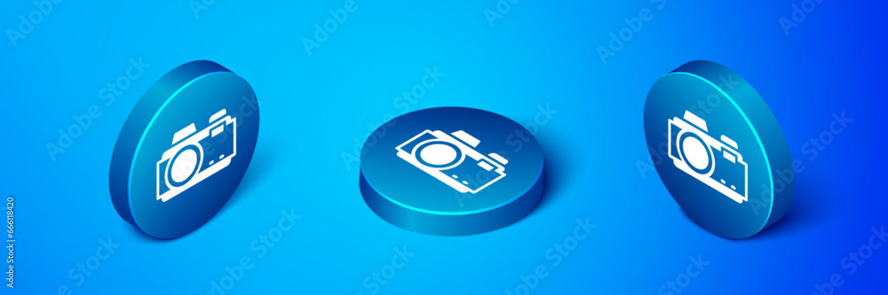 Fototapeta premium Isometric Photo camera icon isolated on blue background. Foto camera. Digital photography. Blue circle button. Vector