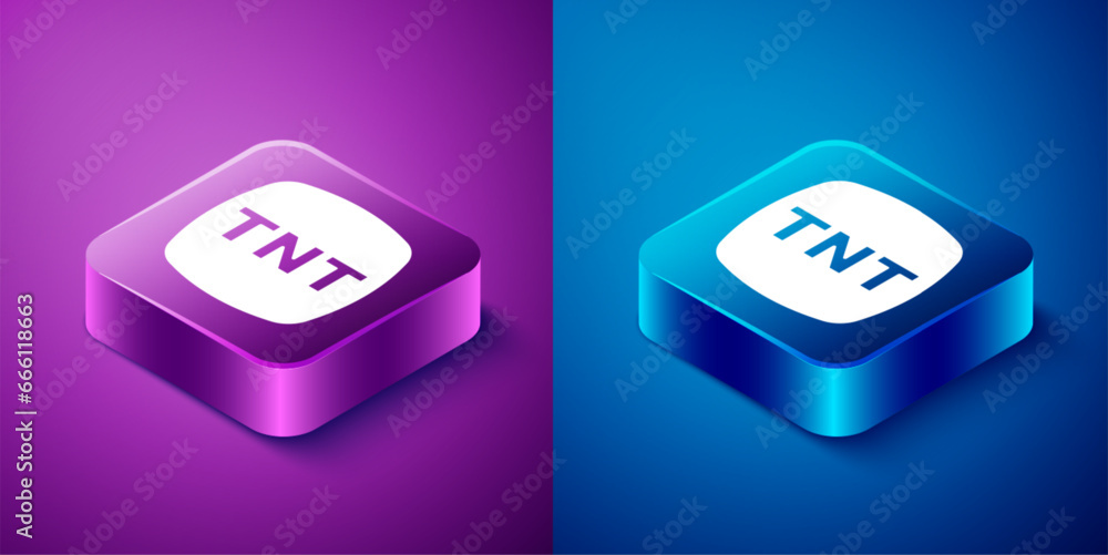 Isometric Detonate dynamite bomb stick icon isolated on blue and purple background. Time bomb - explosion danger concept. Square button. Vector Isometric Detonate dynamite bomb stick icon isolated on blue and purple background. Time bomb - explosion danger concept. Square button. Vector