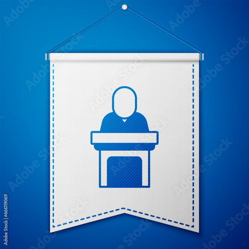 Blue Church pastor preaching icon isolated on blue background. White pennant template. Vector