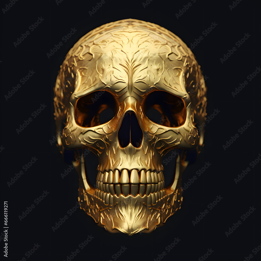 A beautiful golden skull with patterns and teeth on a black background. Minimal Halloween concept A beautiful golden skull with patterns and teeth on a black background. Minimal Halloween concept