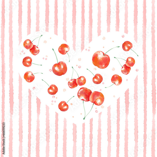 Watercolor Heart Background Material with Cherries.