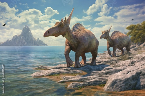 Three parasaurolophus on a rocky beach, pterasaurs overhead, mammal observes dinosaurs at water's edge. Generative AI photo