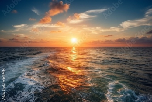 Beautiful ocean view at sunset. Generative AI