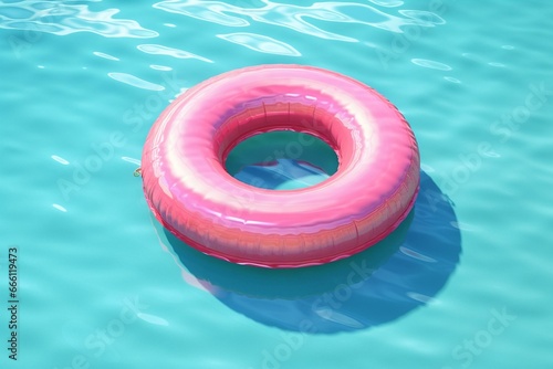 3D rendered image of a pink pool float with a ring floating in a cool blue swimming pool. Generative AI