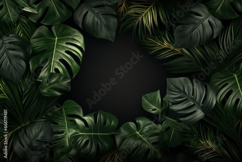 A photo realistic border with green monstera and palm tee leaves arranged at the sides making a frame with a dark copy space in the middle  top view flat lay composition