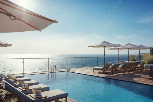 Image of outdoor seating by the pool overlooking the sea and the sun. Generative AI