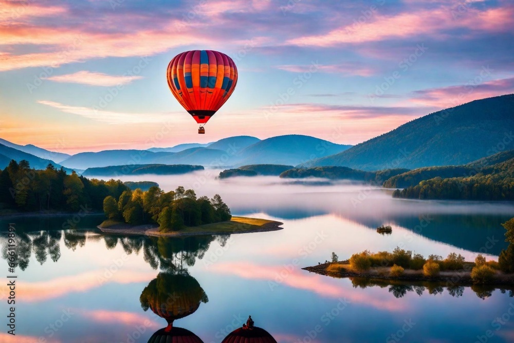 hot air balloon over lake