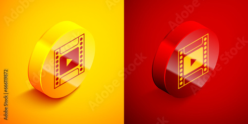 Isometric Camera vintage film roll cartridge icon isolated on orange and red background. 35mm film canister. Filmstrip photographer equipment. Circle button. Vector