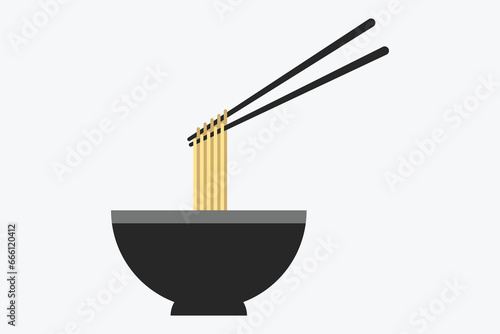 A bowl of noodle with chopstick illustration. Asian food design template. Oriental cuisine flat vector design. Noodle logo concept and icon.