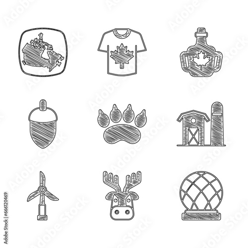 Set Bear paw footprint, Deer head with antlers, Montreal Biosphere, Farm house, Wind turbine, Acorn, Bottle of maple syrup and Canada icon. Vector