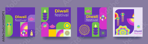 Social media post template for Diwali celebration. Colorful geometric poster in minimalist style. Vector