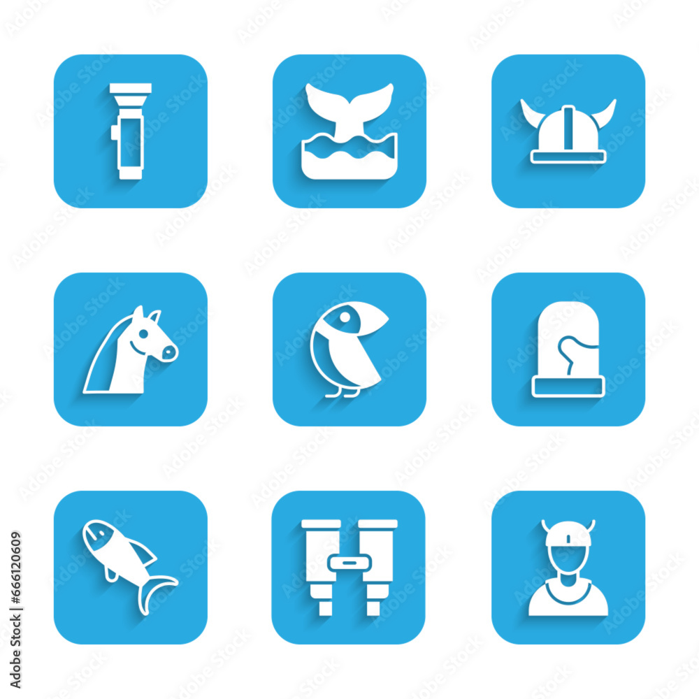 Set Albatross, Binoculars, Viking head, Christmas mittens, Fish, Horse, horned helmet and Flashlight icon. Vector Set Albatross, Binoculars, Viking head, Christmas mittens, Fish, Horse, horned helmet and Flashlight icon. Vector
