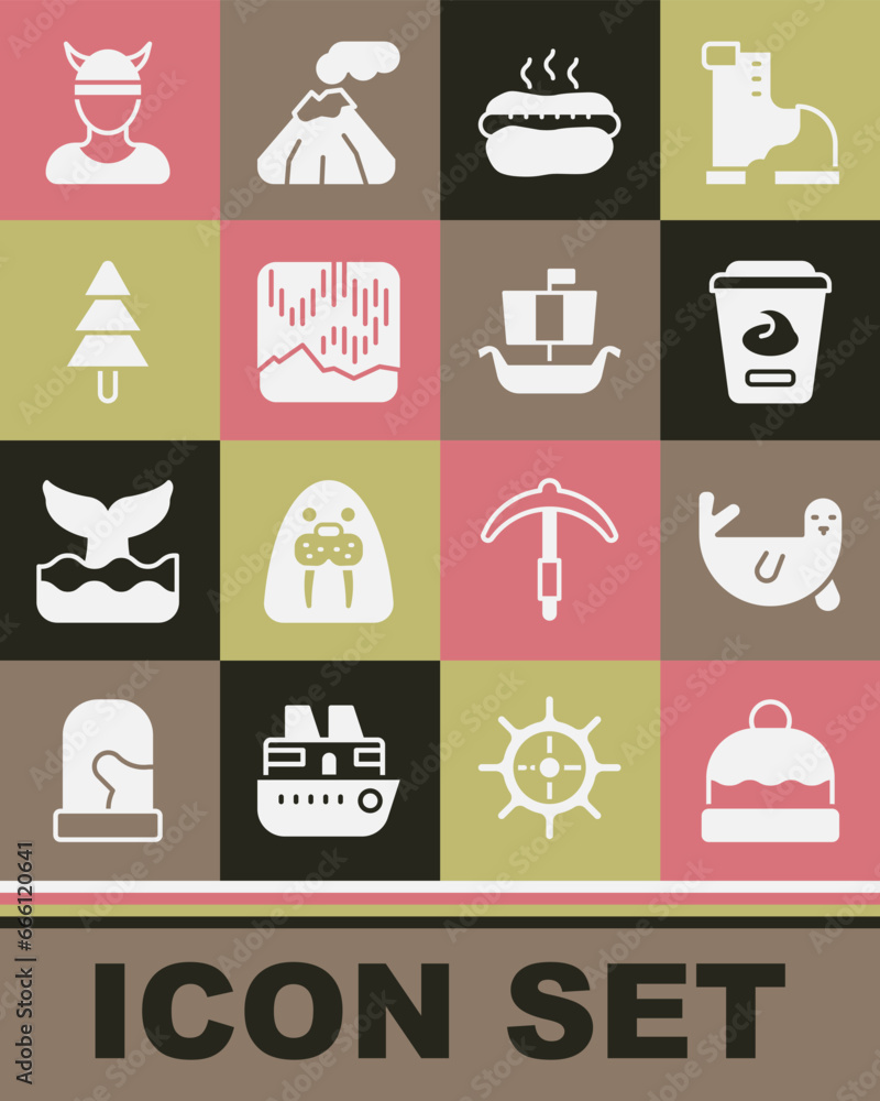 Set Beanie hat, Fur seal animal, Yogurt container, Hotdog sandwich, Northern lights, Tree, Viking head and ship Drakkar icon. Vector Set Beanie hat, Fur seal animal, Yogurt container, Hotdog sandwich, Northern lights, Tree, Viking head and ship Drakkar icon. Vector